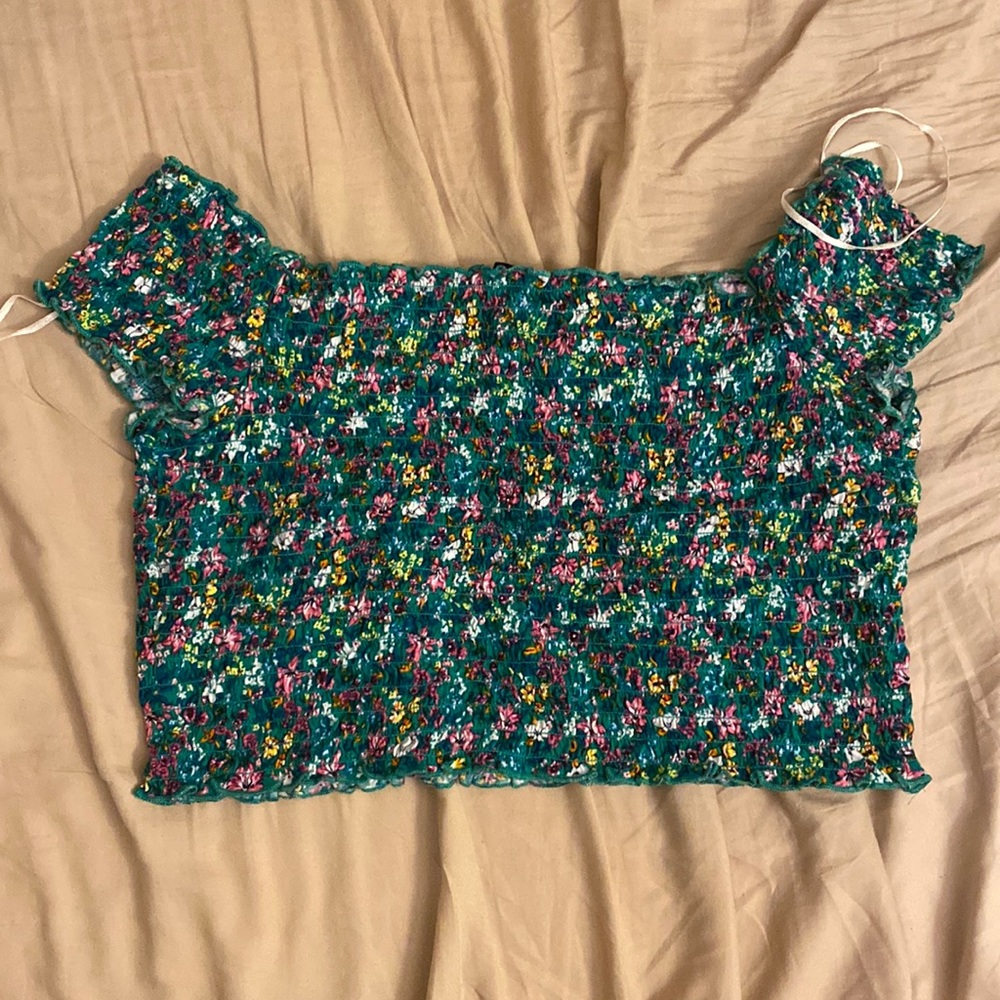 Green floral off the shoulder crop top